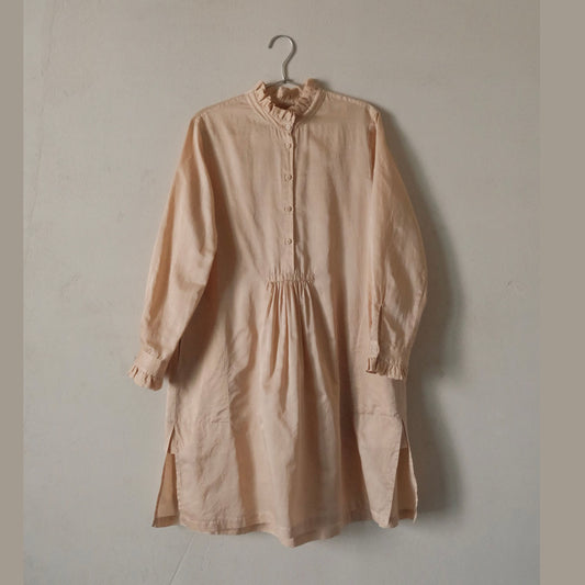 任飢餓-真絲緞薯莨熱染開襟花邊⽴領法式⻑襯衫