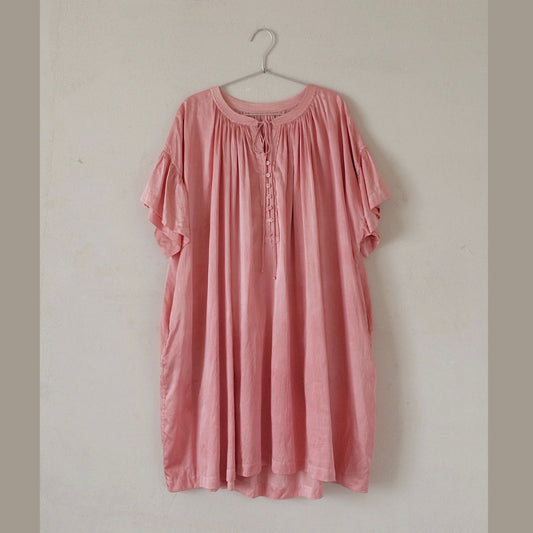 任飢餓-真絲緞茜草染古典法式短袖抽皺罩衫