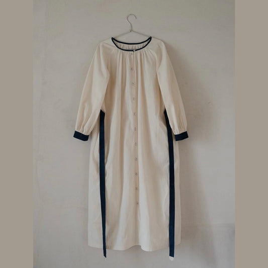 任飢餓-有機棉藍染古布撞色長袖連⾐裙