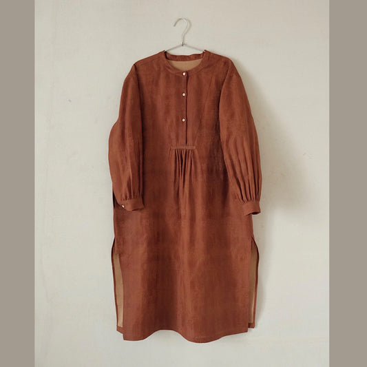 任飢餓-真絲花羅薯莨染泥染法式襯衫裙