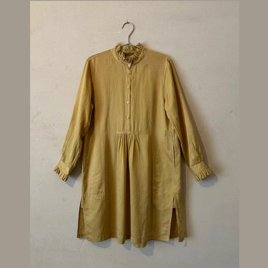 任飢餓-槐⽶/薯莨熱染疊染 開襟花邊立領法式長襯衫