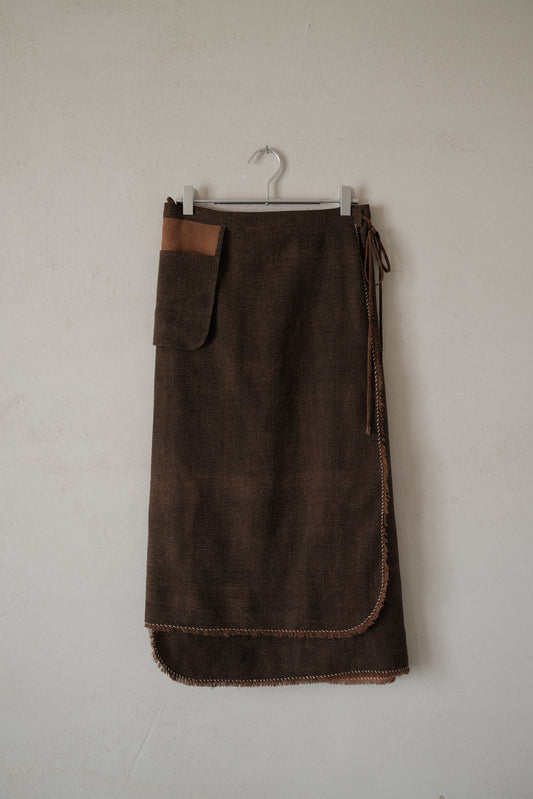 任飢餓-細華夫格紋真絲香雲紗手縫⼀⽚式裹裙